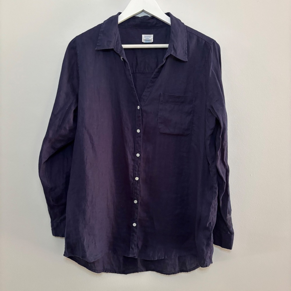 Sigrid Olsen 100% Linen Women Shirt Blouse L Navy Blue Coastal Resortwear Chic